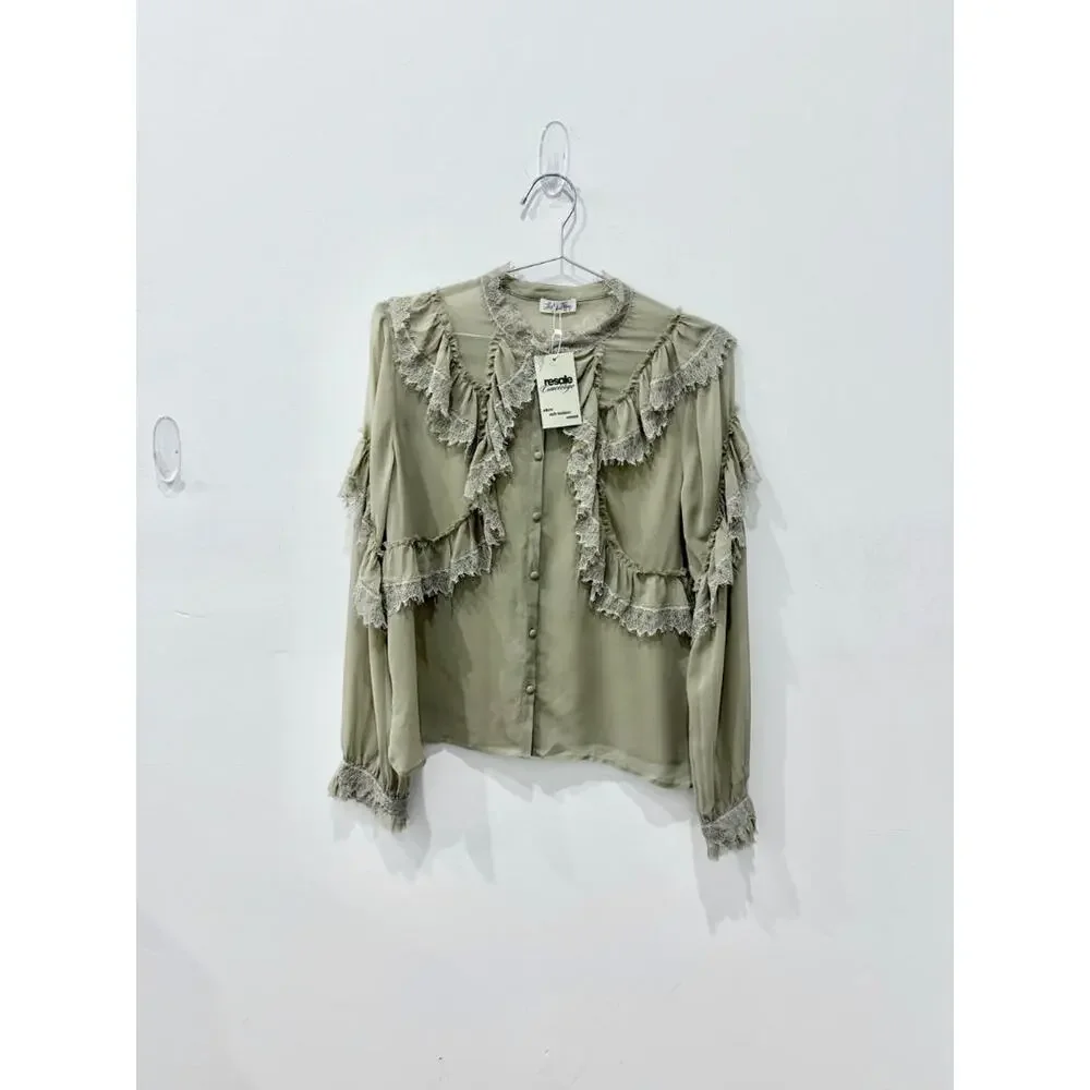 LoveShackFancy Ruffle Lace Trim Clara Silk Blouse Raffia Brown Womens Sze Medium - Picture 2 of 5